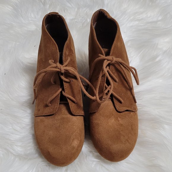 Soda Faux Suede Wedge Booties Camel Brown Round Toe Lace Up Womens Casual 7 - Picture 3 of 9